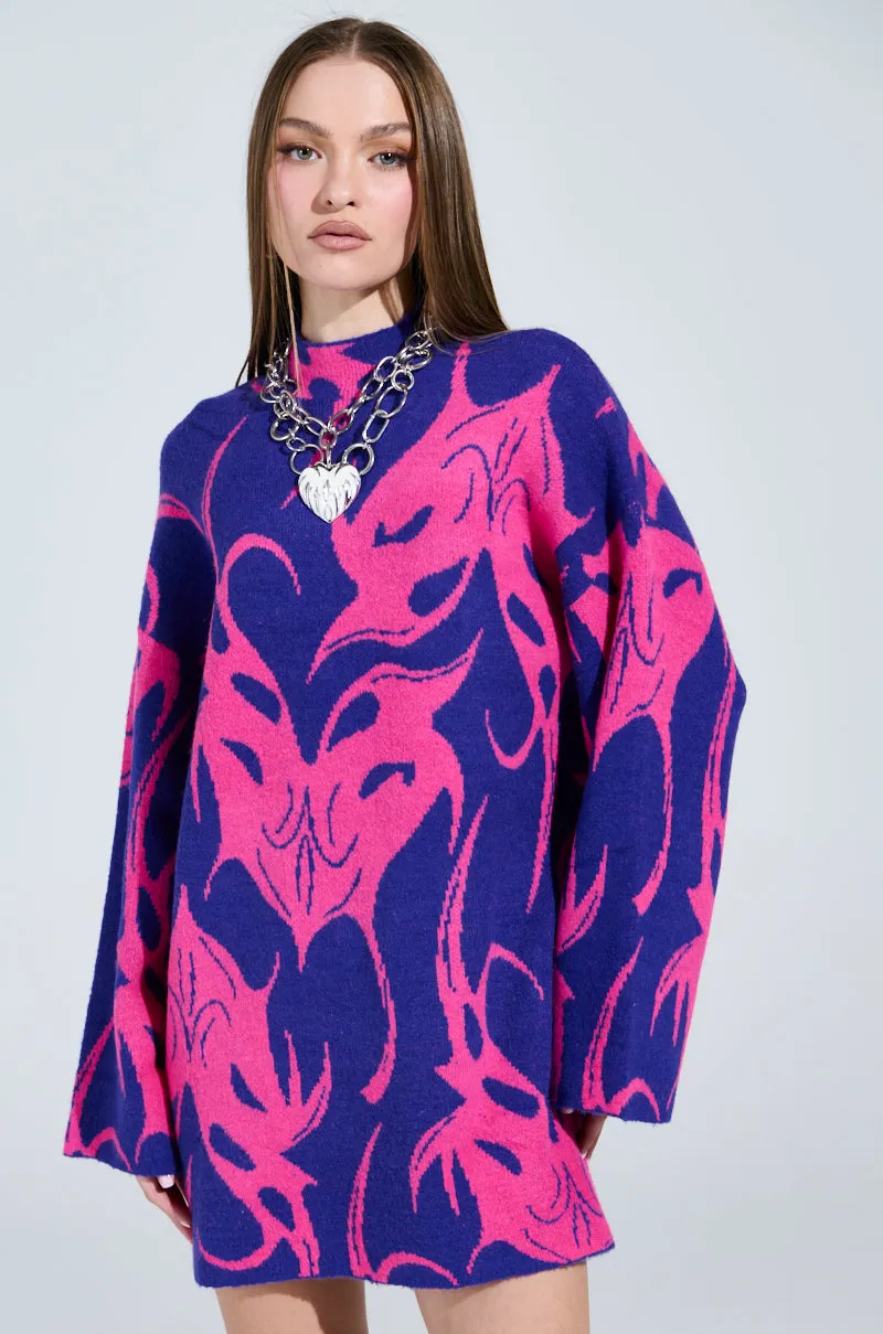 MUSHU GRAPHIC SWEATER DRESS IN BLUE AND PINK sold by AKIRA