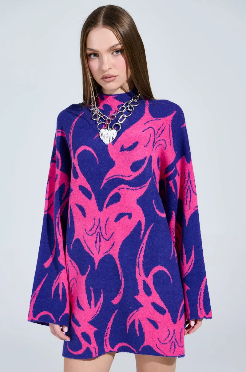 MUSHU GRAPHIC SWEATER DRESS IN BLUE AND PINK sold by AKIRA product image thumbnail 2
