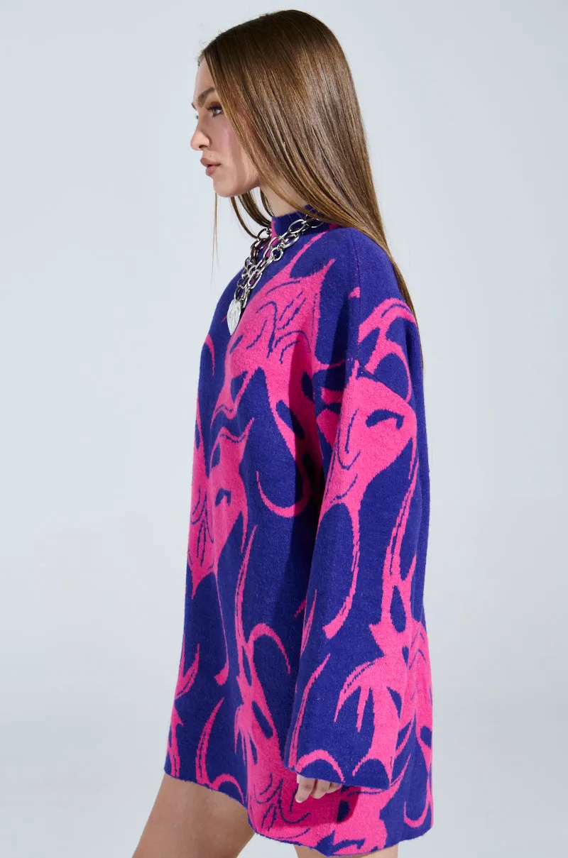 MUSHU GRAPHIC SWEATER DRESS IN BLUE AND PINK sold by AKIRA product image thumbnail 3