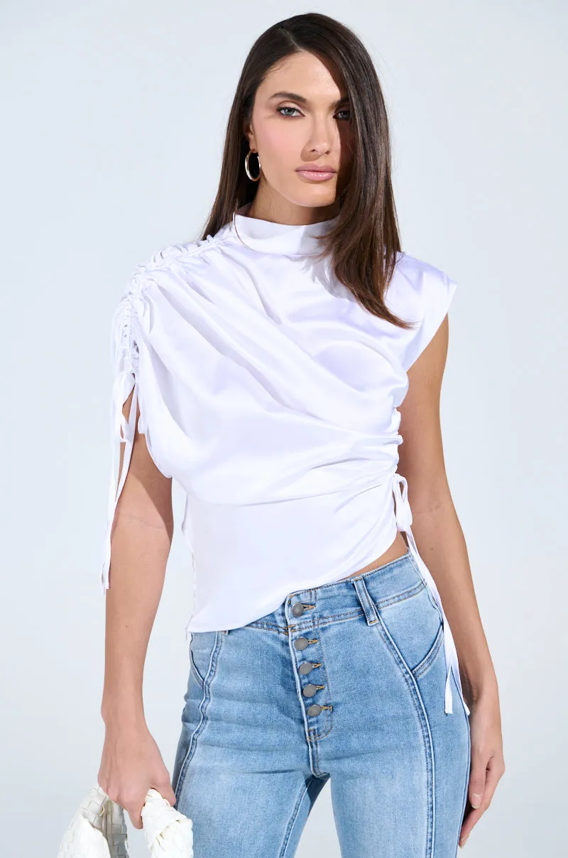 EXQUISITE ASYMMETRICAL SATIN BLOUSE TOP sold by AKIRA