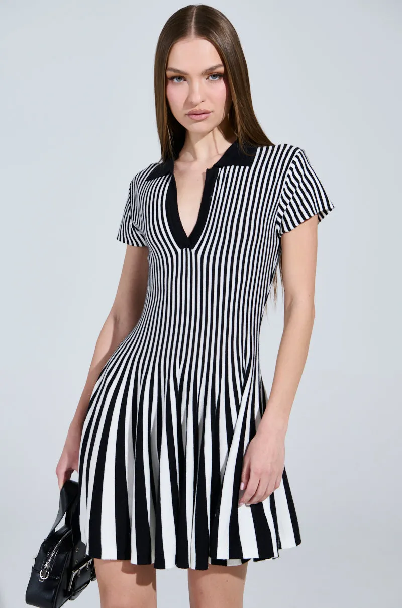 ALINA PLEATED KNIT FIT AND FLARE MINI DRESS IN BLACK AND WHITE sold by AKIRA product image thumbnail 2