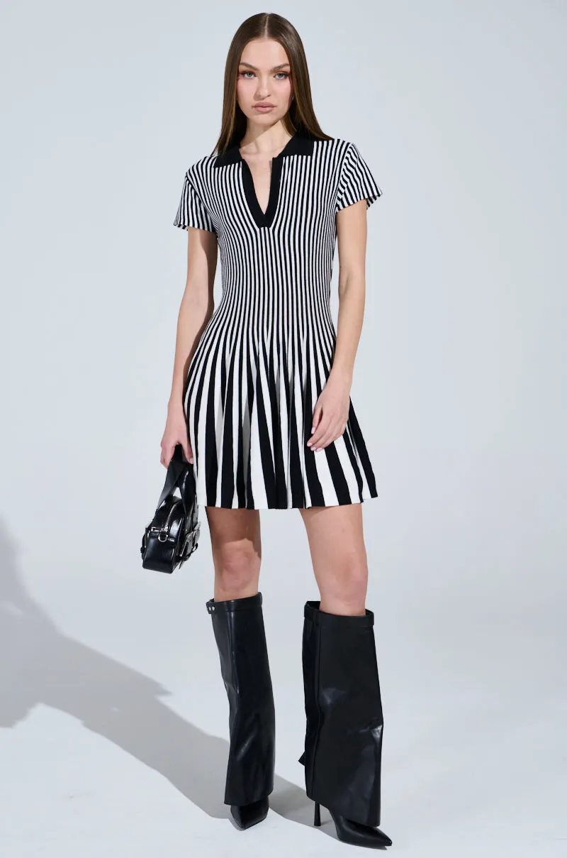 ALINA PLEATED KNIT FIT AND FLARE MINI DRESS IN BLACK AND WHITE sold by AKIRA product image thumbnail 5