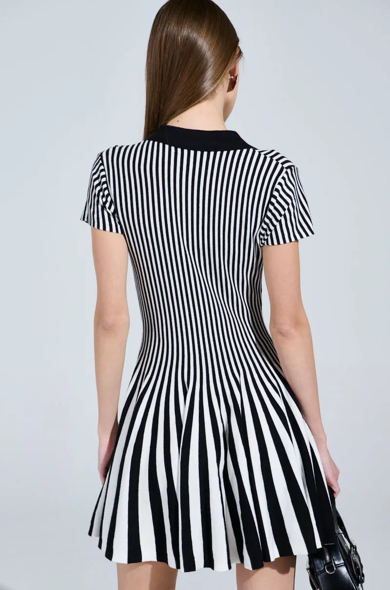 ALINA PLEATED KNIT FIT AND FLARE MINI DRESS IN BLACK AND WHITE sold by AKIRA product image thumbnail 4