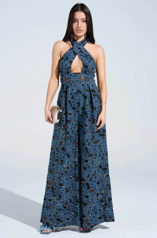 JUSTINA DENIM CUTOUT JUMPSUIT sold by AKIRA
