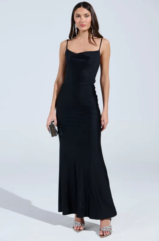LADY OF THE NIGHT COWL NECK MAXI DRESS IN BLACK sold by AKIRA