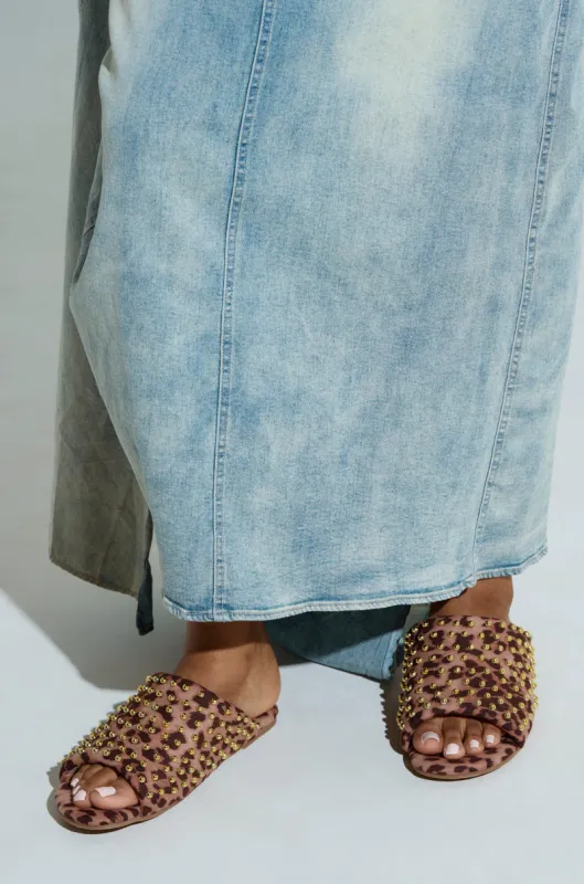 AKIRA BAGGER STUDDED SLIP ON SANDAL IN LEOPARD sold by AKIRA