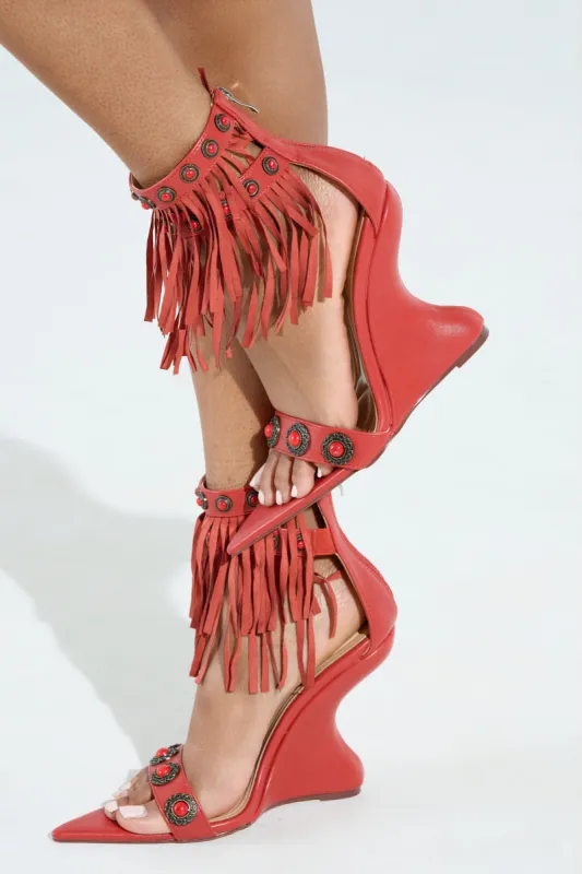 AZALEA WANG KALILA RED FRINGE SANDAL sold by AKIRA
