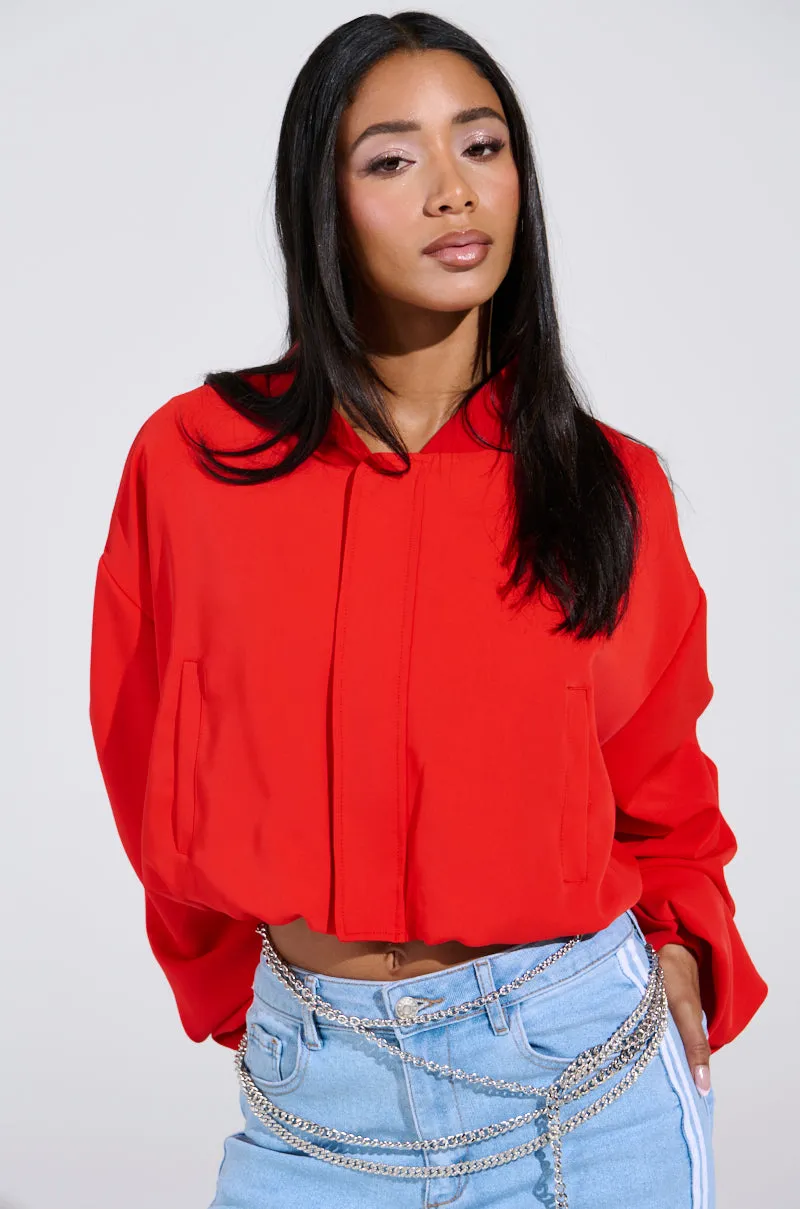 TREY RUCHED SLEEVE BOMBER IN RED sold by AKIRA product image thumbnail 4