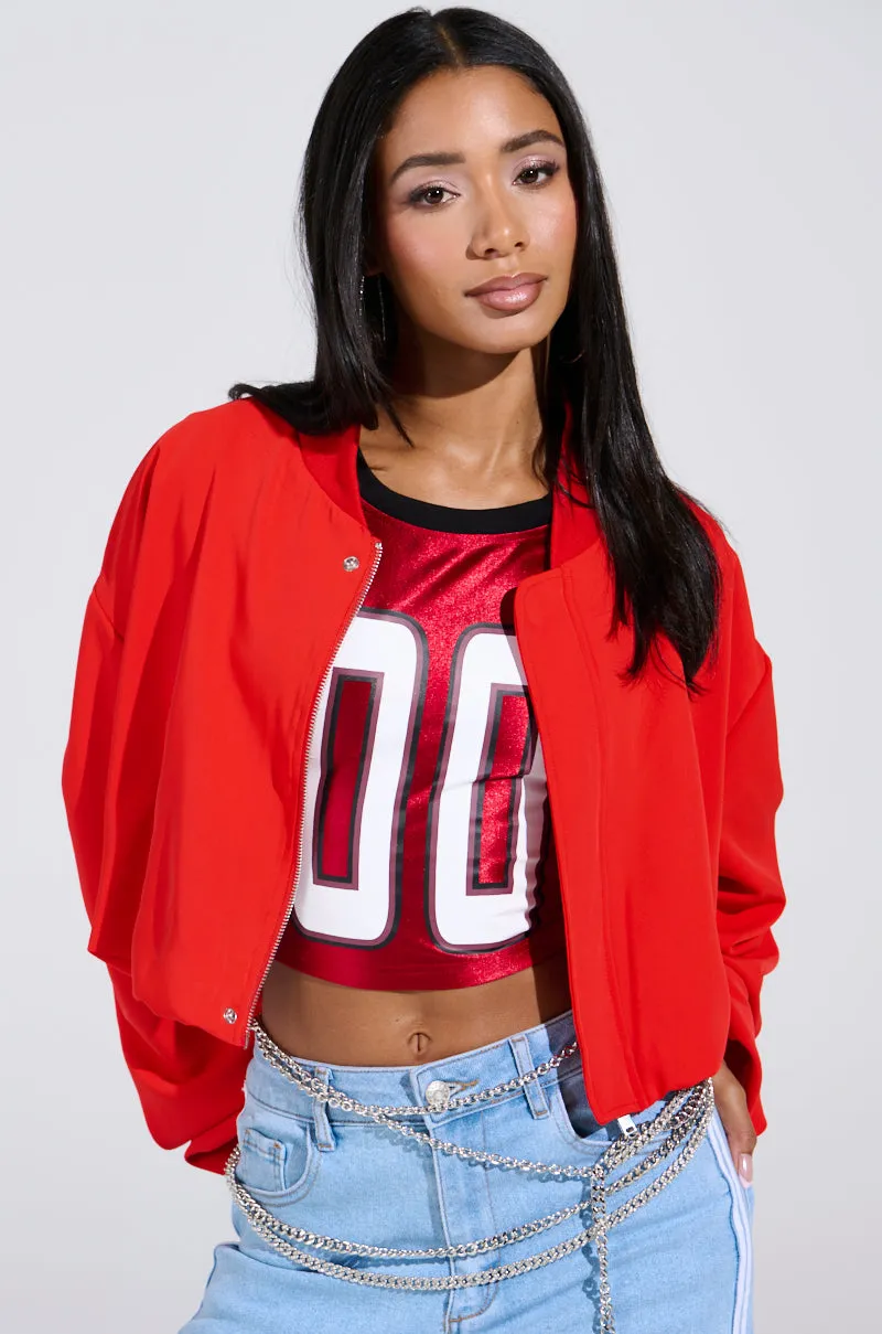 TREY RUCHED SLEEVE BOMBER IN RED sold by AKIRA product image thumbnail 3