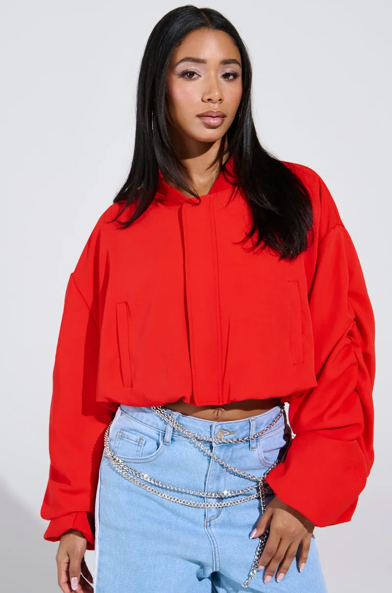 TREY RUCHED SLEEVE BOMBER IN RED sold by AKIRA product image thumbnail 2