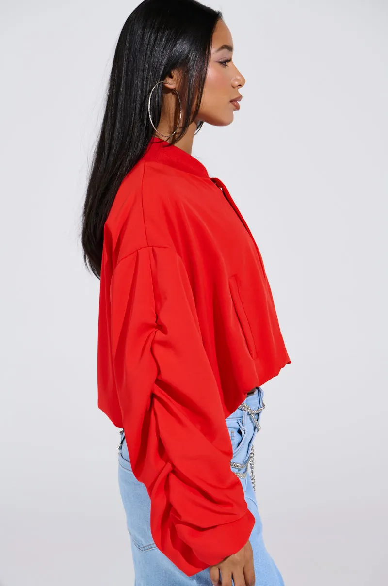TREY RUCHED SLEEVE BOMBER IN RED sold by AKIRA product image thumbnail 5