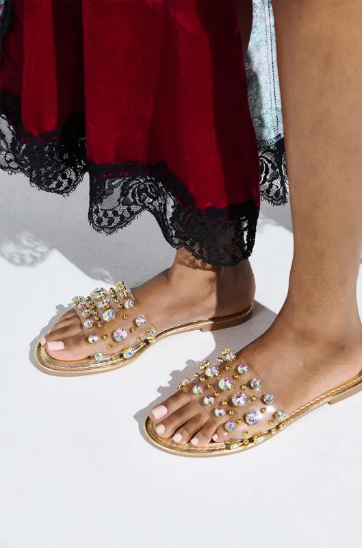 CLARISSA GOLD EMBELLISHED FLAT SANDAL sold by AKIRA