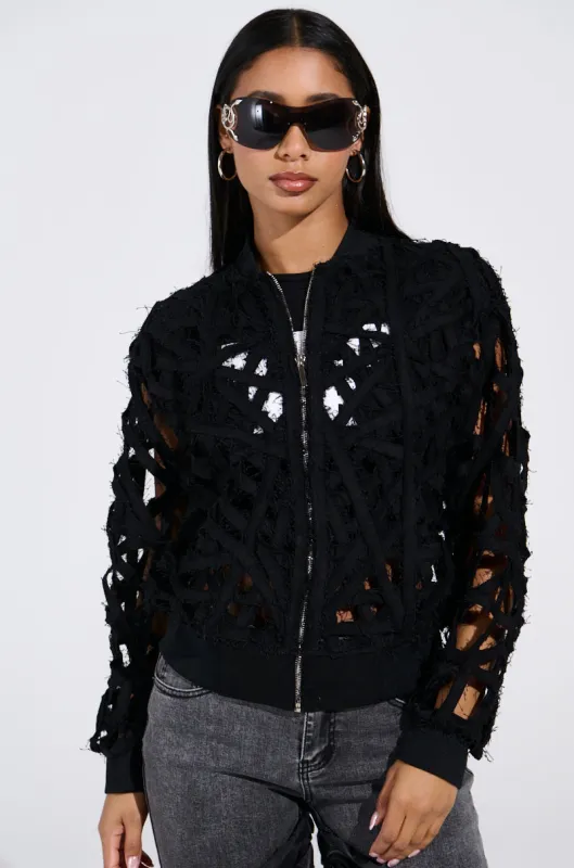 IONA CUTOUT DENIM BOMBER sold by AKIRA