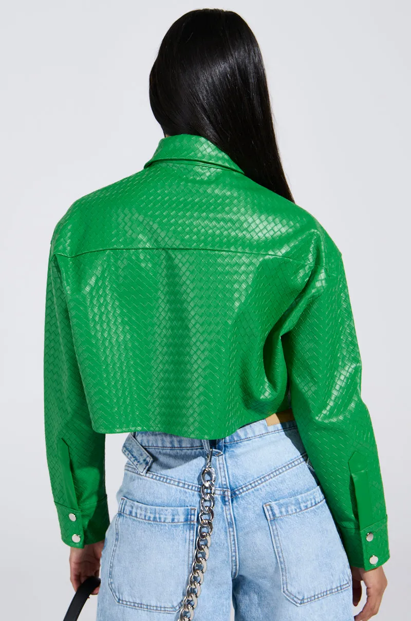 TOO EXPENSIVE FOR YOU WOVEN PU CROPPED BUTTON UP SHIRT sold by AKIRA product image thumbnail 4