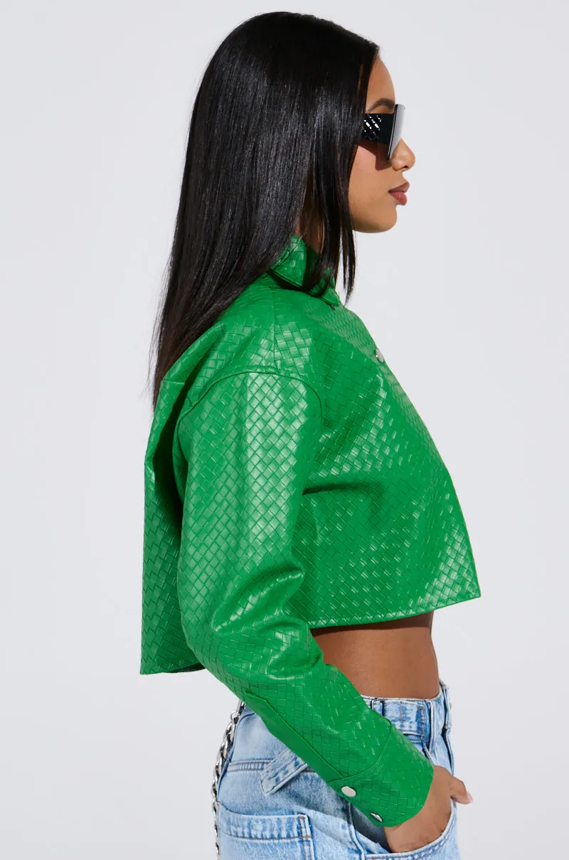 TOO EXPENSIVE FOR YOU WOVEN PU CROPPED BUTTON UP SHIRT sold by AKIRA product image thumbnail 3