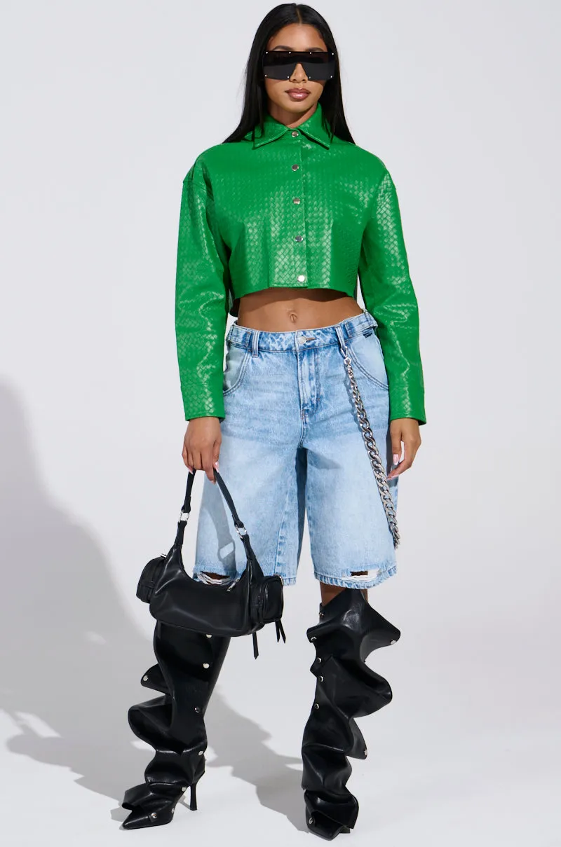 TOO EXPENSIVE FOR YOU WOVEN PU CROPPED BUTTON UP SHIRT sold by AKIRA product image thumbnail 5