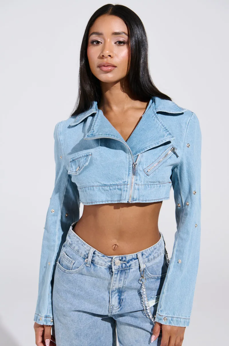 SNAP OUT OF IT ULTRA CROP MOTO IN DENIM sold by AKIRA product image thumbnail 3