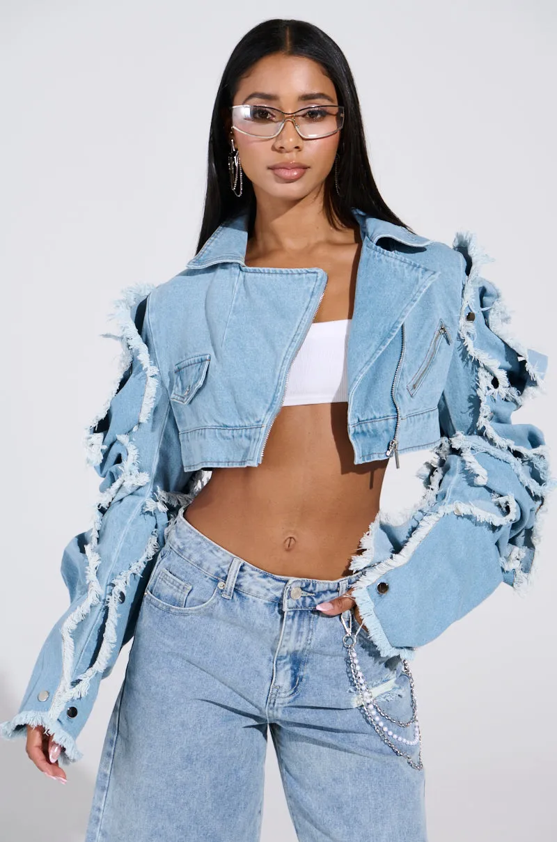 SNAP OUT OF IT ULTRA CROP MOTO IN DENIM sold by AKIRA
