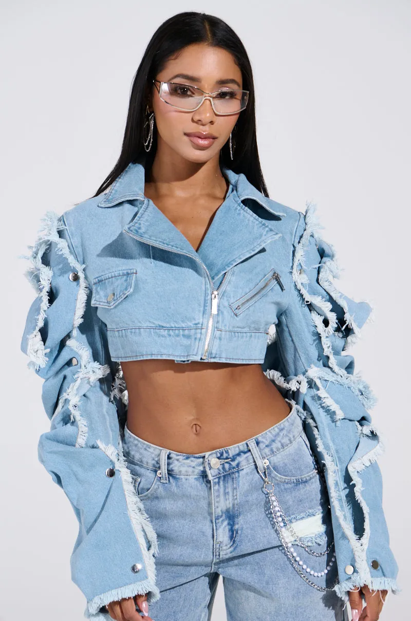 SNAP OUT OF IT ULTRA CROP MOTO IN DENIM sold by AKIRA product image thumbnail 2