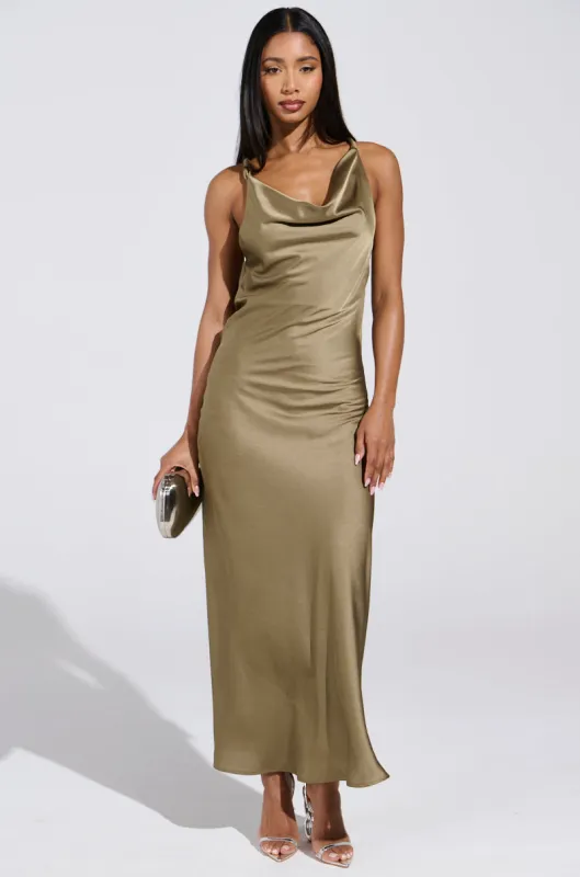 BELLA SATIN MAXI DRESS IN OLIVE sold by AKIRA