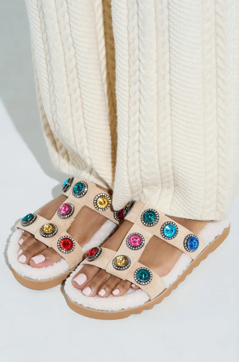 AZALEA WANG LUCIENA BEIGE RHINESTONE AND SHERPA SANDAL sold by AKIRA