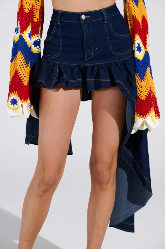 COME DANCE HIGH LOW DENIM SKIRT sold by AKIRA