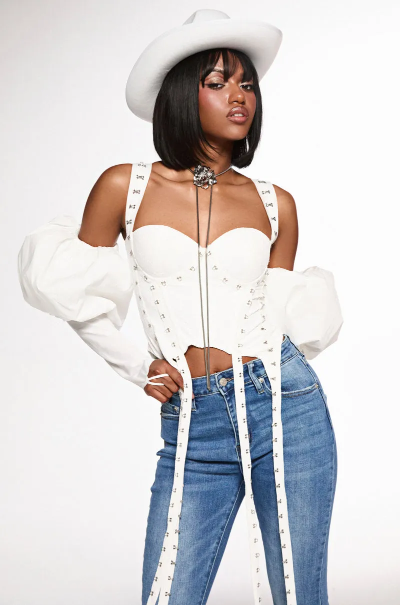 DONT THINK ABOUT IT LACE CORSET sold by AKIRA