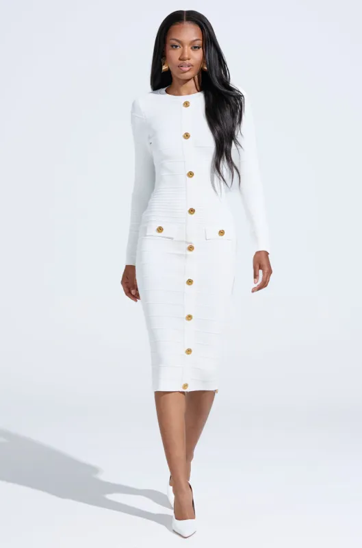 SOMEWHERE ON A BOAT BANDAGE MIDI DRESS sold by AKIRA