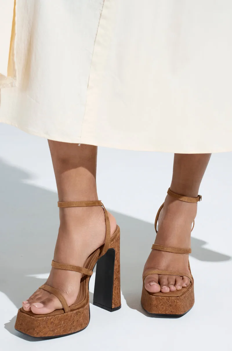 AKIRA KNAPP BROWN CORK PLATFORM SANDAL sold by AKIRA