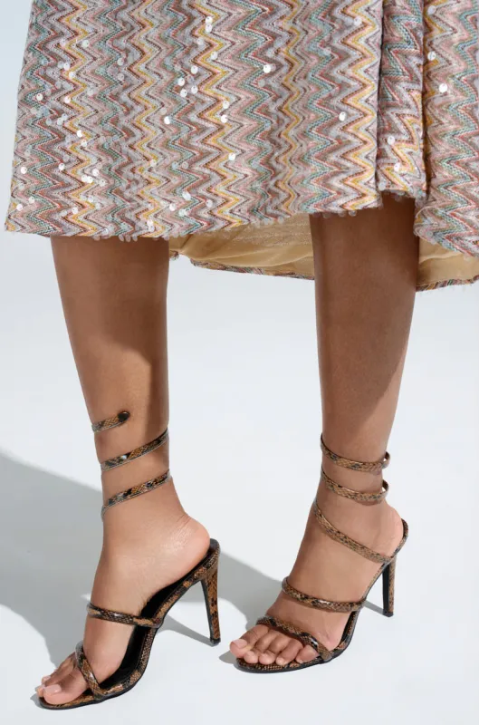 AKIRA LOWRI BROWN SNAKE SPIRAL STILETTO SANDAL sold by AKIRA