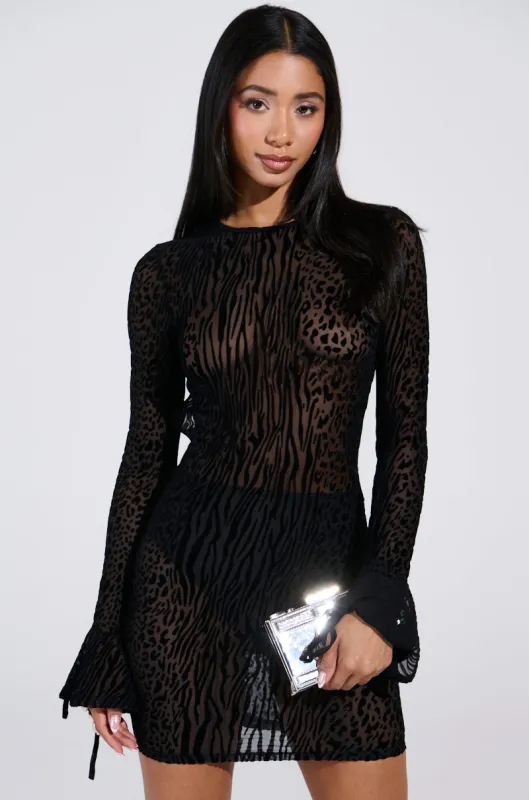 MY GOOD SIDE LEOPARD MESH MINI DRESS IN BLACK sold by AKIRA