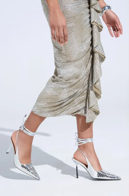 AZALEA WANG FREEMAN SILVER DISCOBALL WRAP UP PUMP sold by AKIRA