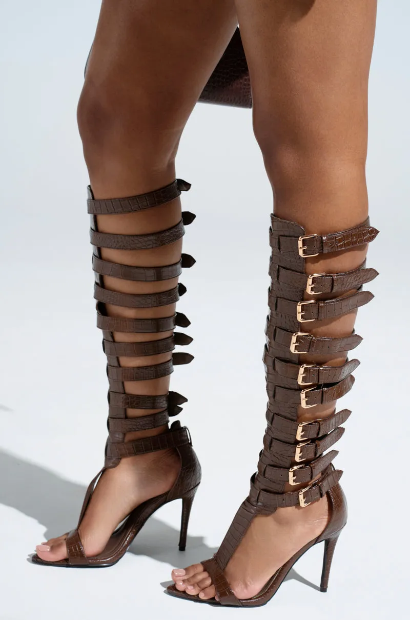 AZALEA WANG CHERELLI BROWN CROC OVER THE KNEE SANDAL sold by AKIRA