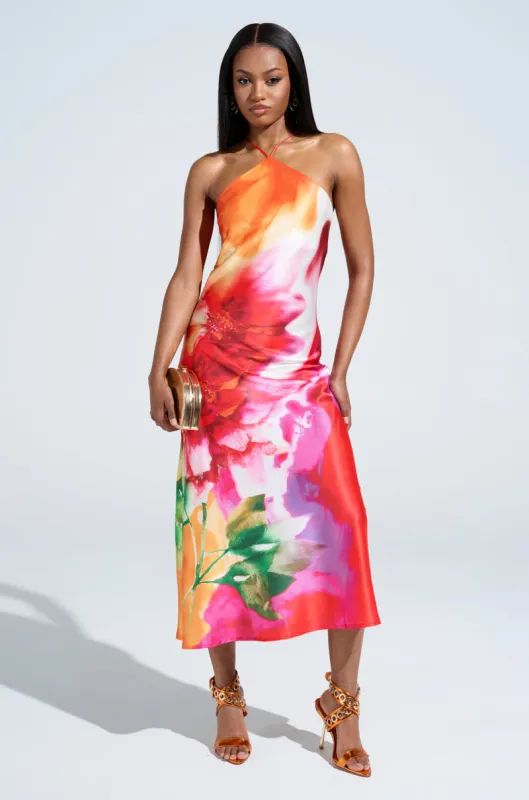 TIME MOVES FAST PRINTED MIDI DRESS sold by AKIRA