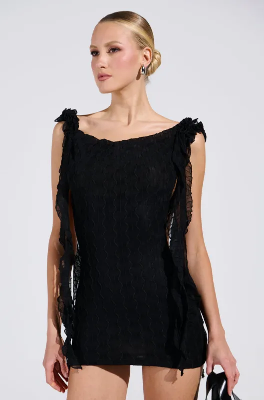 NEVER BASIC RUFFLED MESH MINI DRESS IN BLACK sold by AKIRA