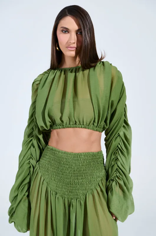 LAURA RUCHED CROPPED BLOUSE IN GREEN sold by AKIRA