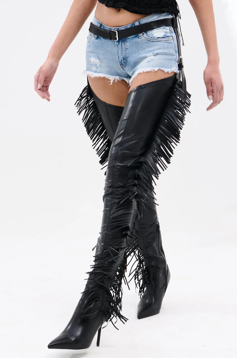 AZALEA WANG KATRICE BLACK STILETTO WESTERN FRINGE CHAP BOOT sold by AKIRA