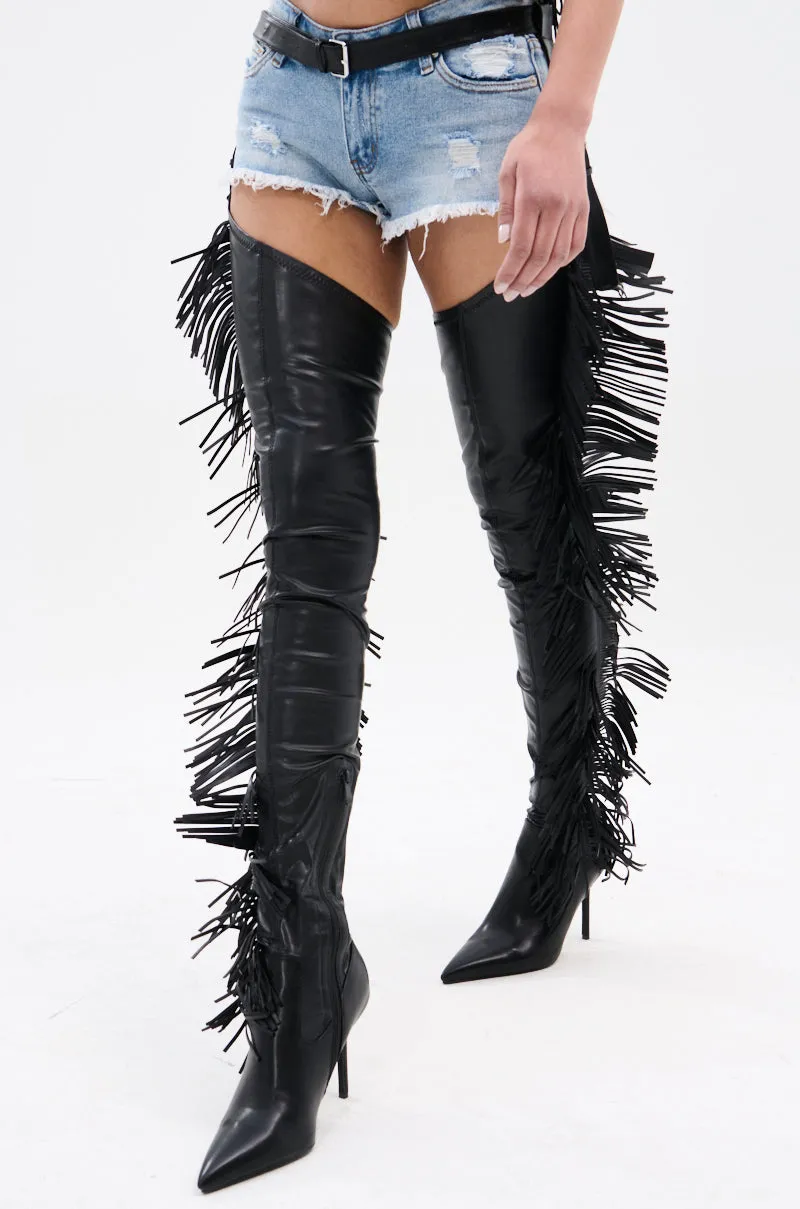 AZALEA WANG KATRICE BLACK STILETTO WESTERN FRINGE CHAP BOOT sold by AKIRA product image thumbnail 2