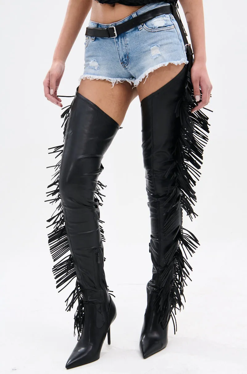 AZALEA WANG KATRICE BLACK STILETTO WESTERN FRINGE CHAP BOOT sold by AKIRA product image thumbnail 3