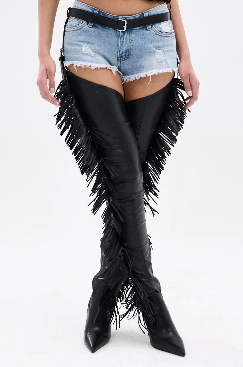 AZALEA WANG KATRICE BLACK STILETTO WESTERN FRINGE CHAP BOOT sold by AKIRA product image thumbnail 4