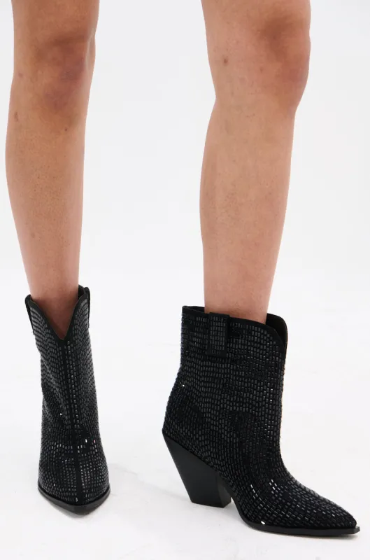 AZALEA WANG LAETITIA BLACK SPARKLE COWBOY BOOTIE sold by AKIRA