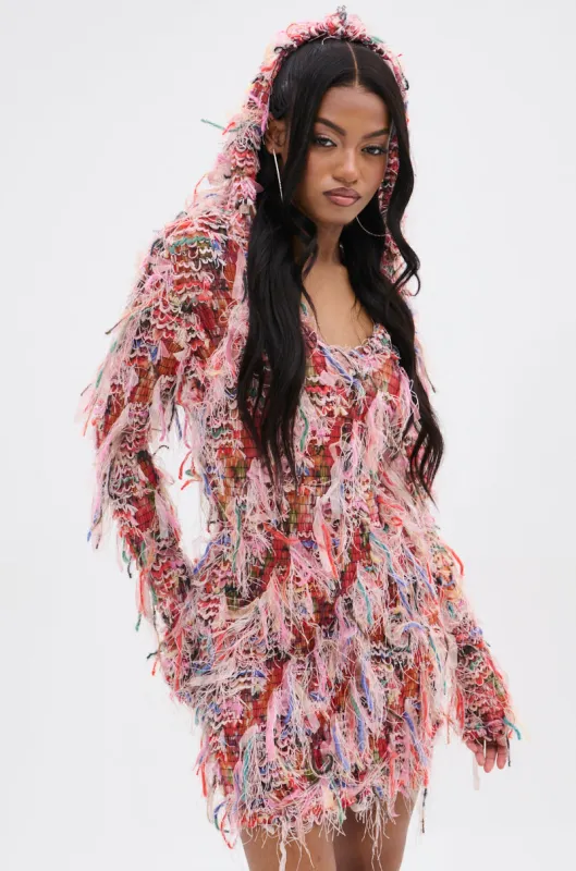DAYDREAMING FRINGE MINI DRESS WITH A HOOD sold by AKIRA