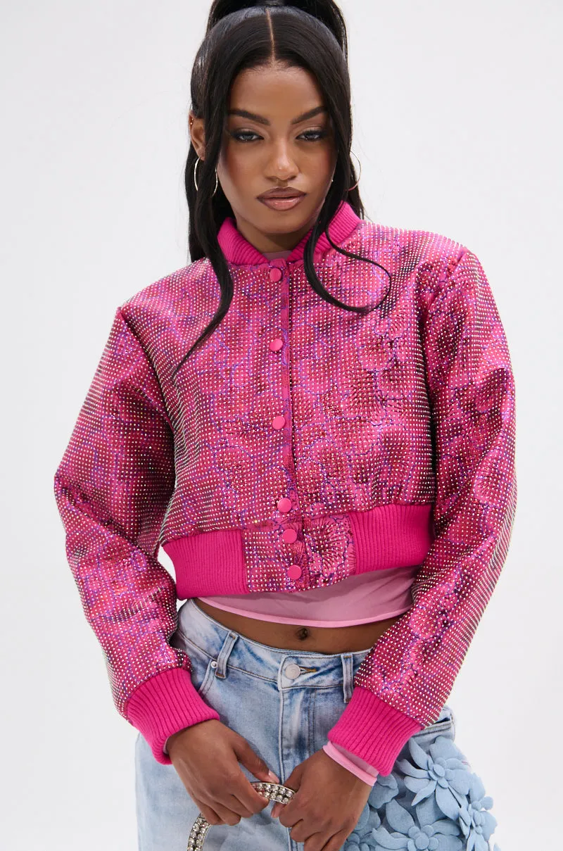 FLEUR RHINESTONE BROCADE BOMBER sold by AKIRA