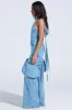 DON'T YOU DARE DENIM JUMPSUIT IN BLUE sold by AKIRA