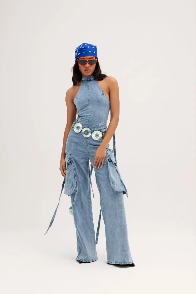 DON'T YOU DARE DENIM JUMPSUIT IN BLUE sold by AKIRA