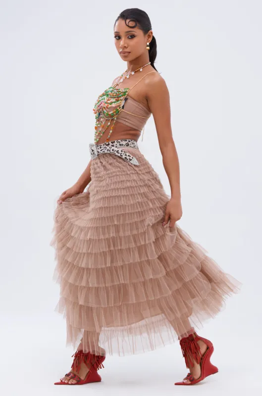 STARS ALIGNED MESH RUFFLE MAXI SKIRT sold by AKIRA