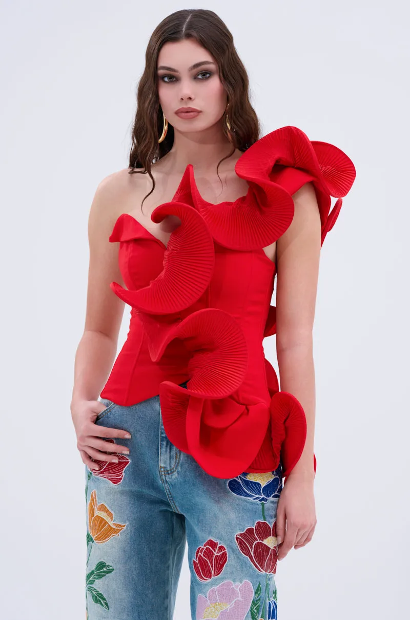 ABSTRACT RUFFLE OFF THE SHOULDER BLOUSE sold by AKIRA