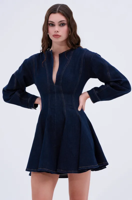 ALL ABOUT MY BUSINESS DENIM MINI DRESS IN DARK BLUE sold by AKIRA