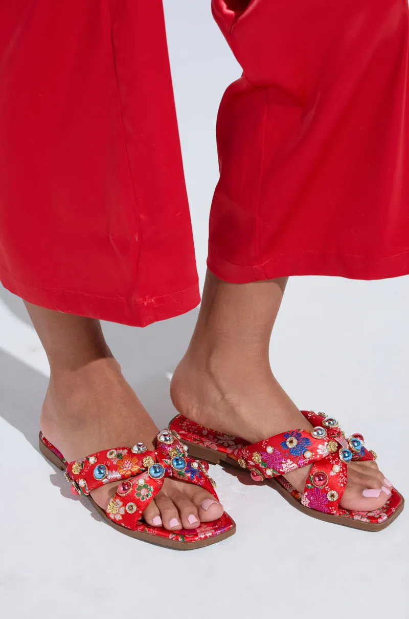 AKIRA RAMSEY RED FLAT SANDAL sold by AKIRA