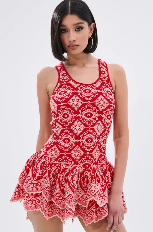 JANINE PRINTED RUFFLE MINI DRESS IN RED sold by AKIRA